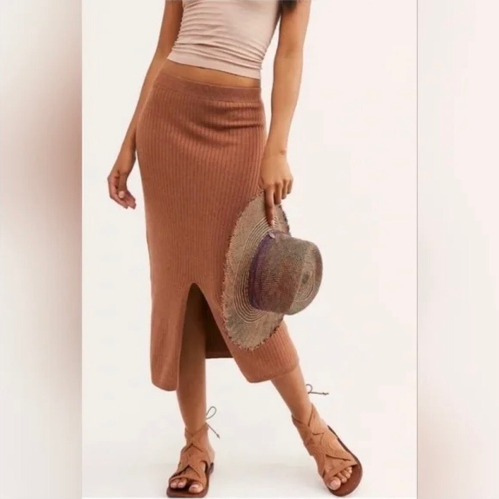 Free People Tan Ribbed Midi Skirt
